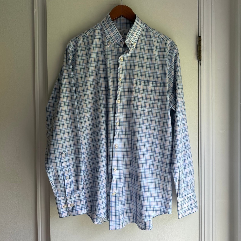 Peter Millar Mens Summer Comfort Plaid Button Down Shirt Blue Pink MS24W44LTBP M